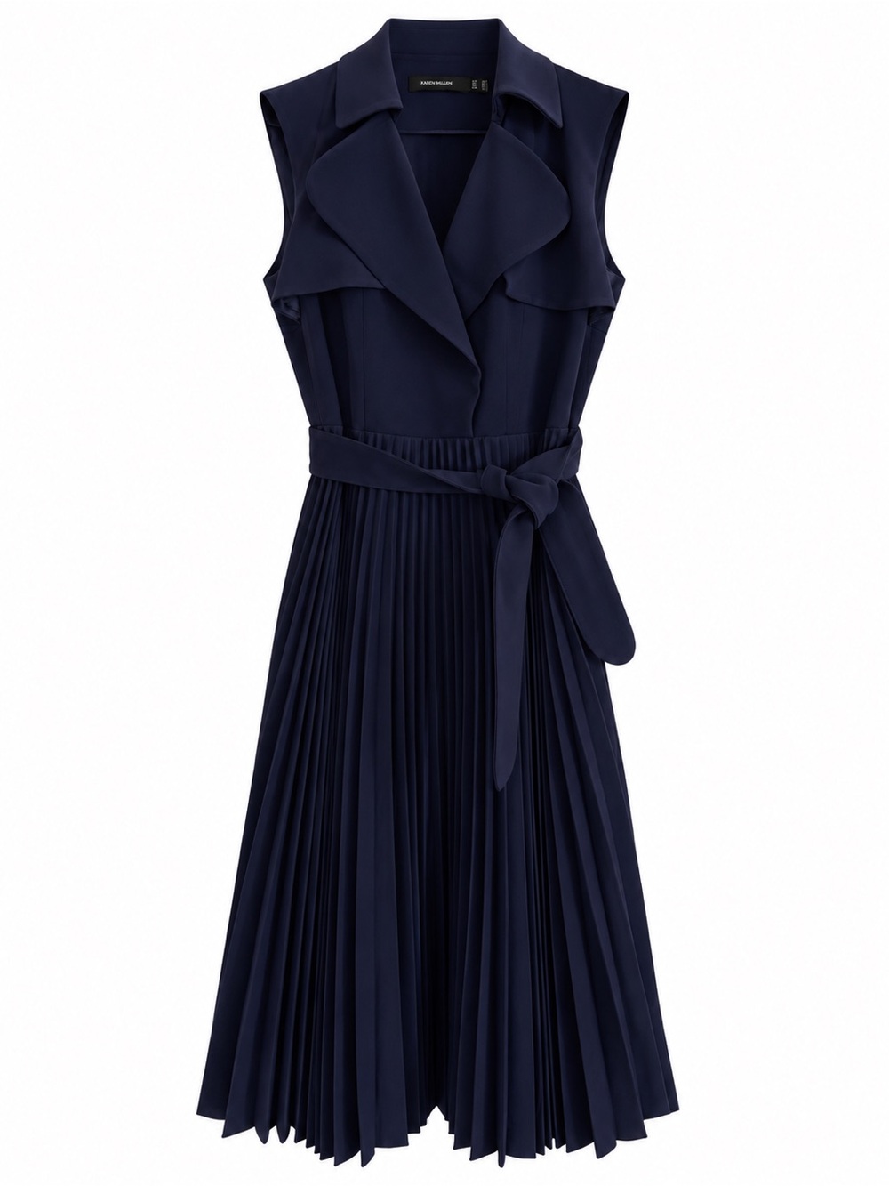 Karen Millen Navy Sleeveless Pleated Dress with Tie Belt